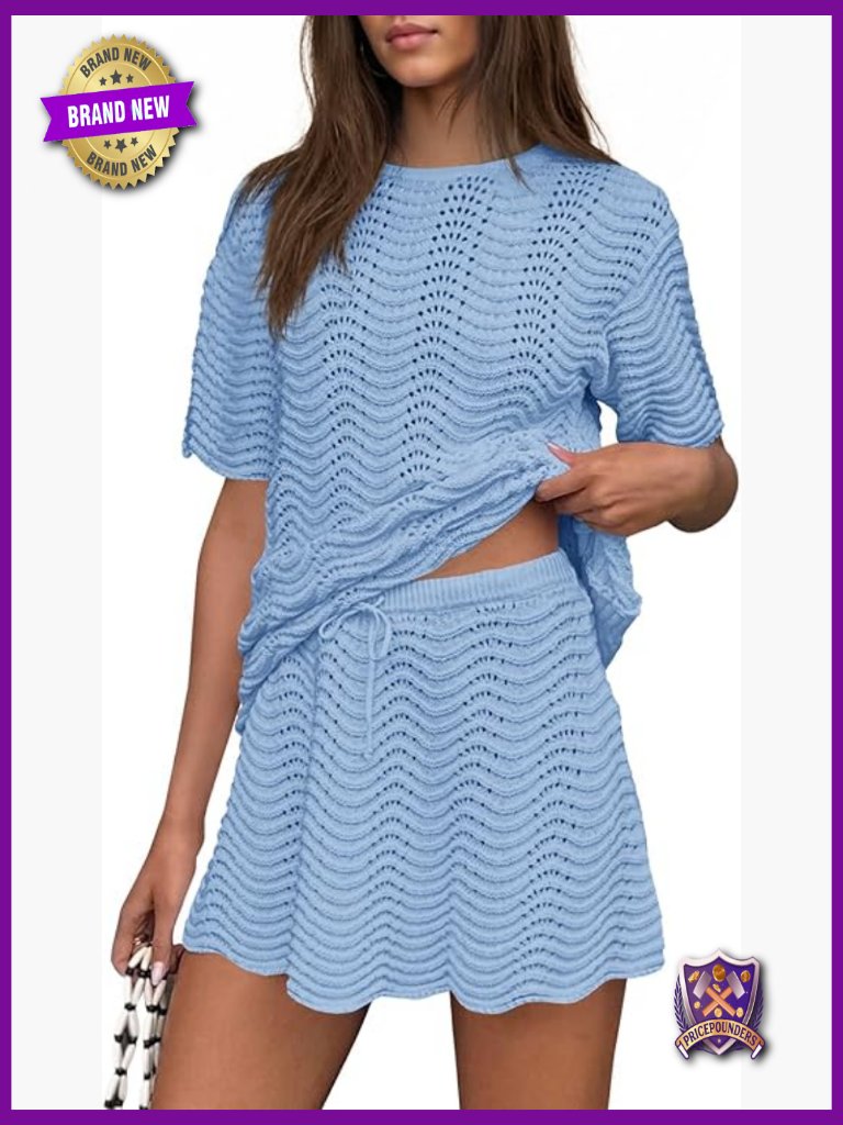 Crochet Knit 2 Piece Cover Up Set - Short Sleeve Tunic & Skirt